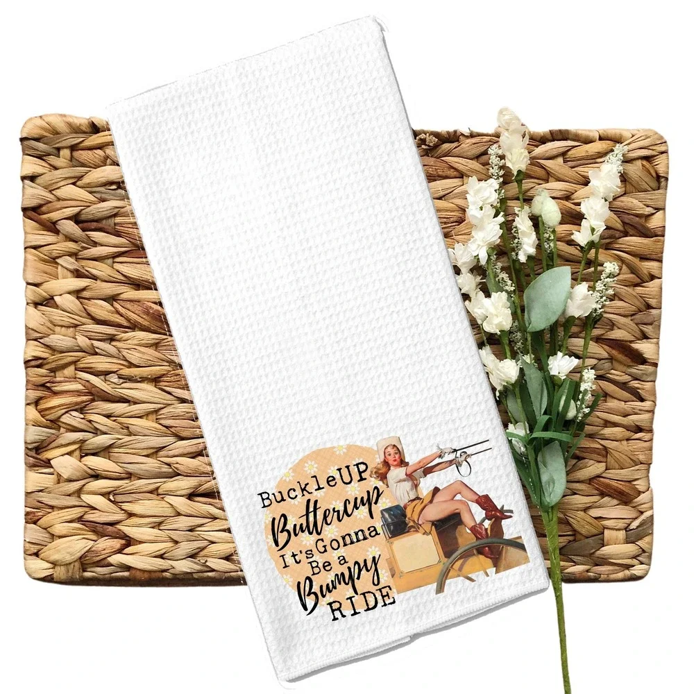 Vintage Pinup Waffle Weave Kitchen Towel Buckle Up Buttercup Bumpy Ride White